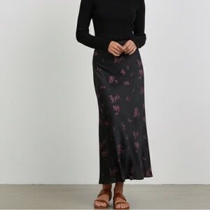 NWT Quince Women’s Black Pink Floral Washable Silk Maxi Skirt Garnet Garden Sz M
